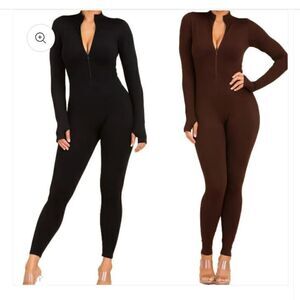 ANWND chocolate brown mock neck zip cat suit